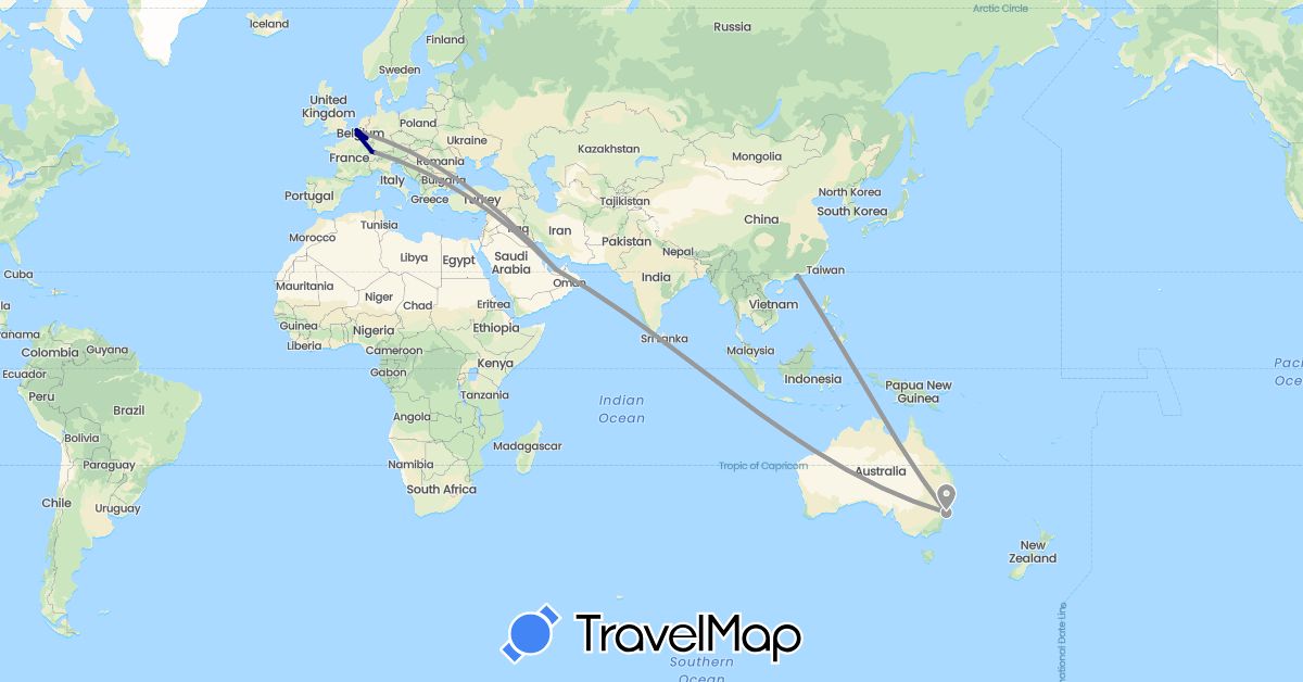 TravelMap itinerary: driving, plane, train, boat in United Arab Emirates, Australia, Belgium, Switzerland, China, Luxembourg (Asia, Europe, Oceania)